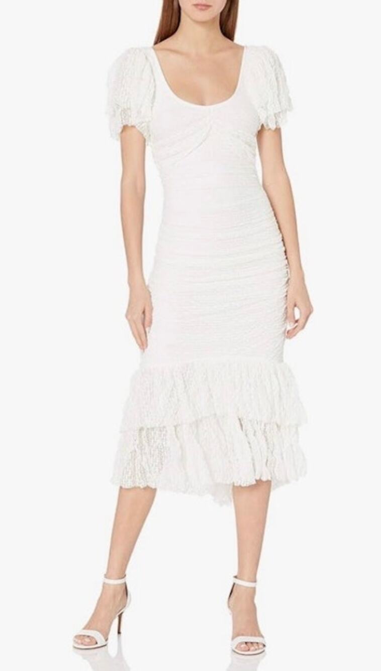 Cinq à Sept Nora Ivory Lace Ruched Ruffle Midi Dress Size 0